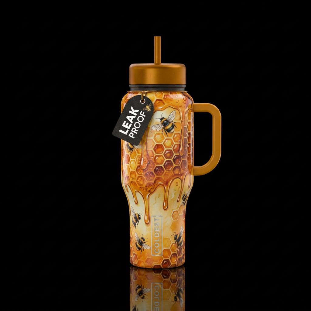 honeycomb dripping with honey,  cute bumblebee,  a... water bottle design