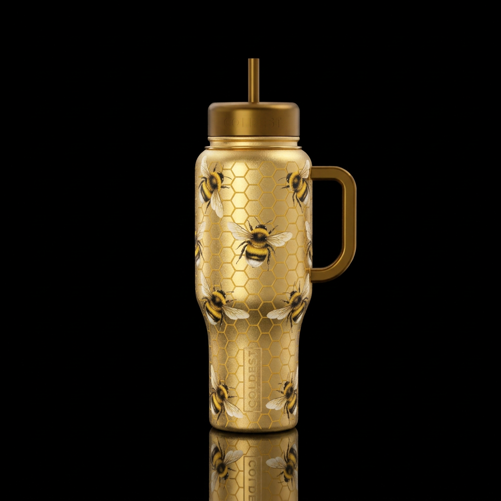 Golden bottle with honeycomb,  and a cute fuzzy bu... water bottle design