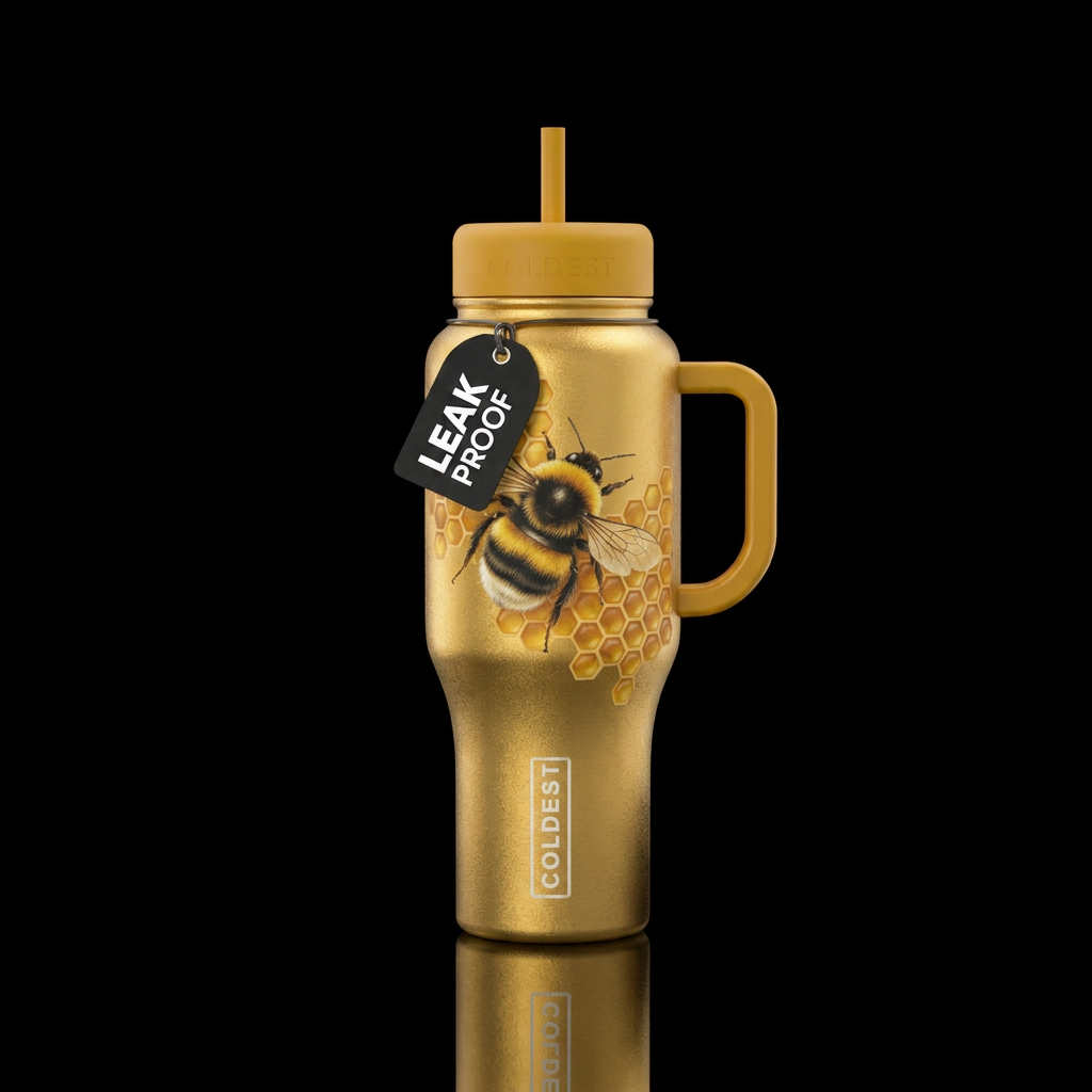 Golden bottle with honeycomb,  and a cute fuzzy bu... water bottle design