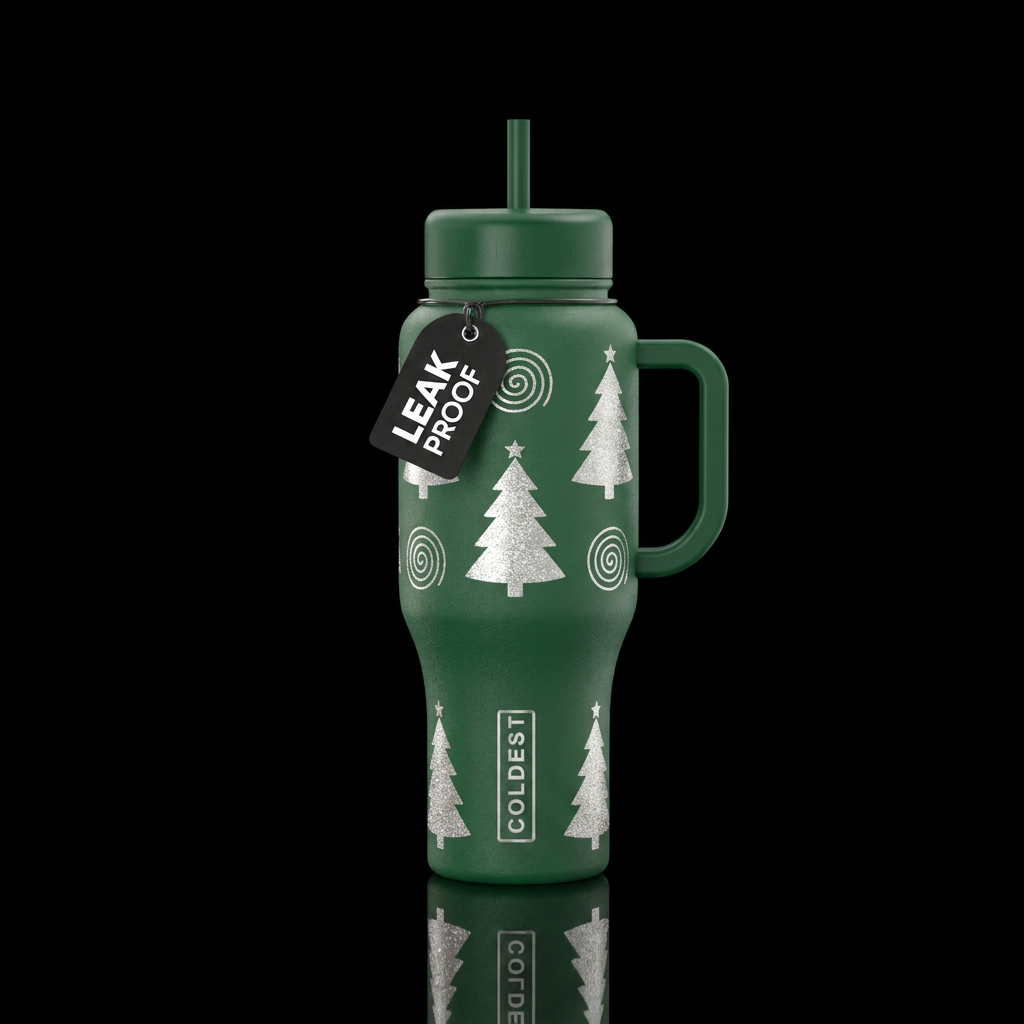 Green bottle with white sparkly Christmas trees,  ... water bottle design