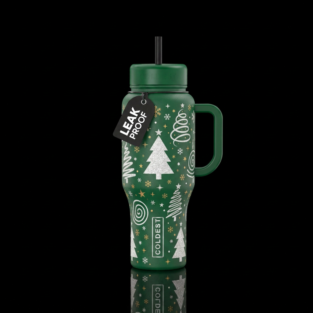 Green bottle with white sparkly Christmas trees,  ... water bottle design