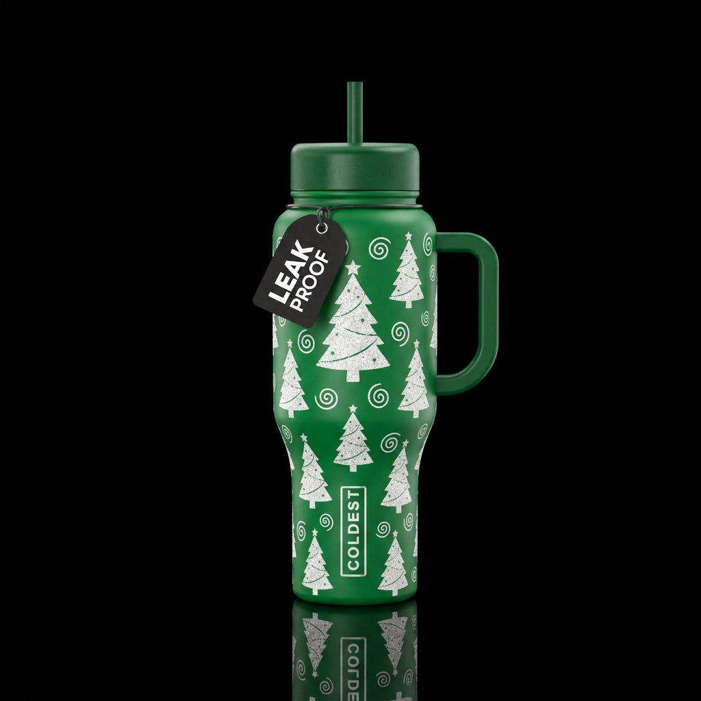 Green bottle with white sparkly Christmas trees,  ... water bottle design
