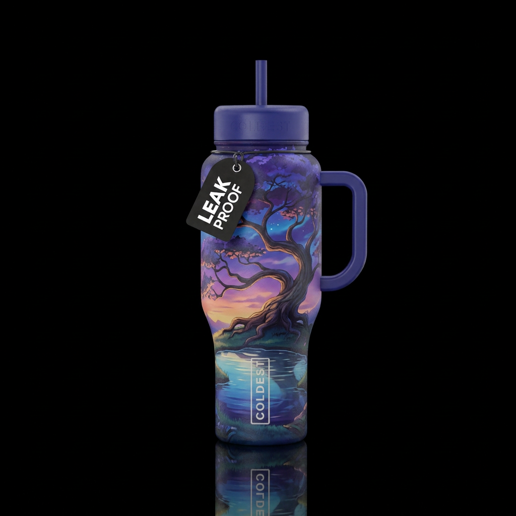 Tree with low branches,  pond,  artistic,  twiligh... water bottle design