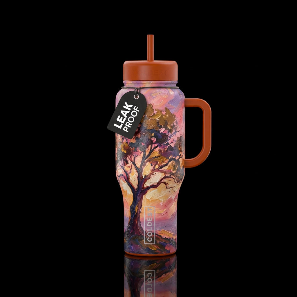 Big tree abstract,  dawn, oil painting water bottle design