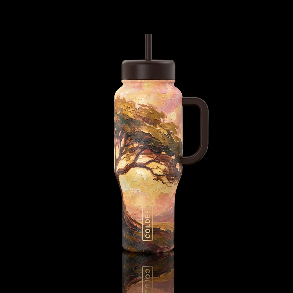 Big tree abstract,  dawn, oil painting water bottle design
