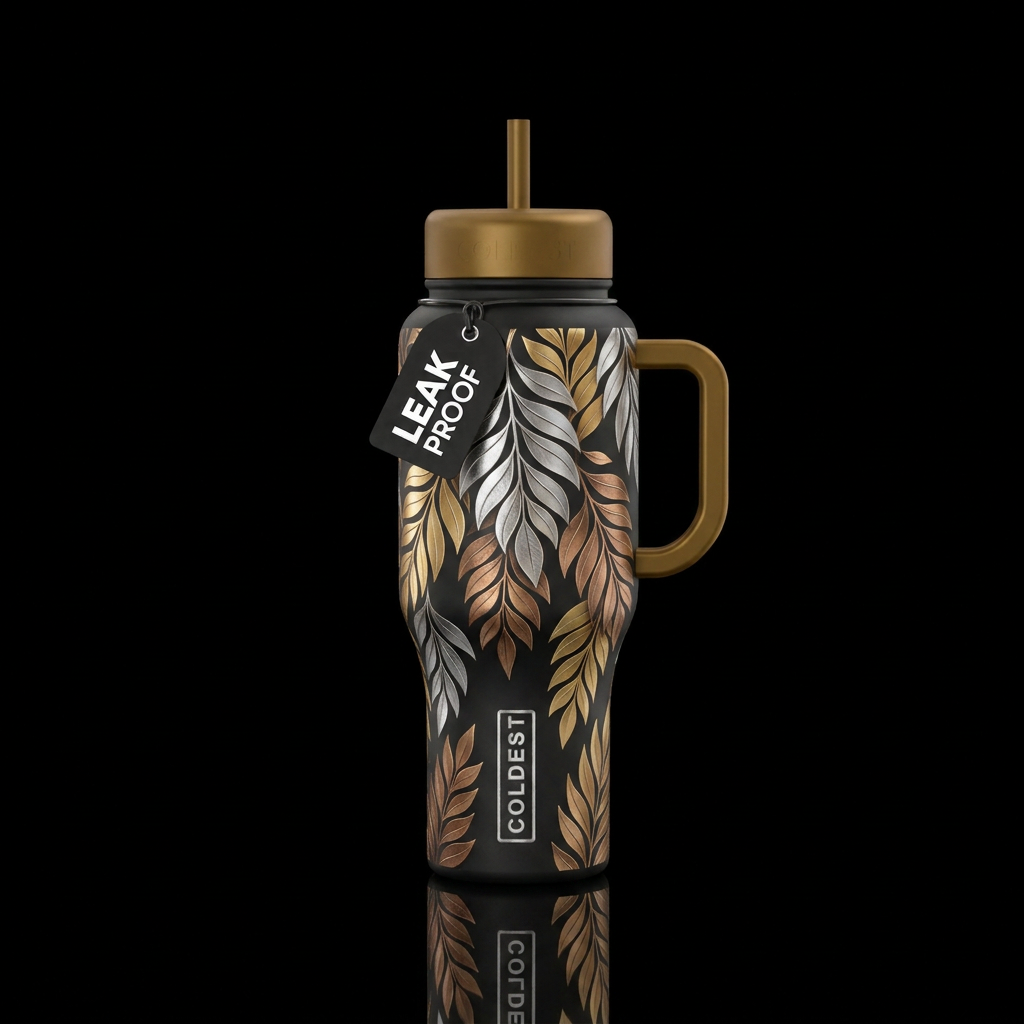 Sliver,  bronze, golden leaves falling,  abstract,... water bottle design