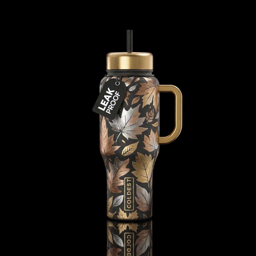 Sliver,  bronze, golden leaves falling,  abstract,... water bottle design