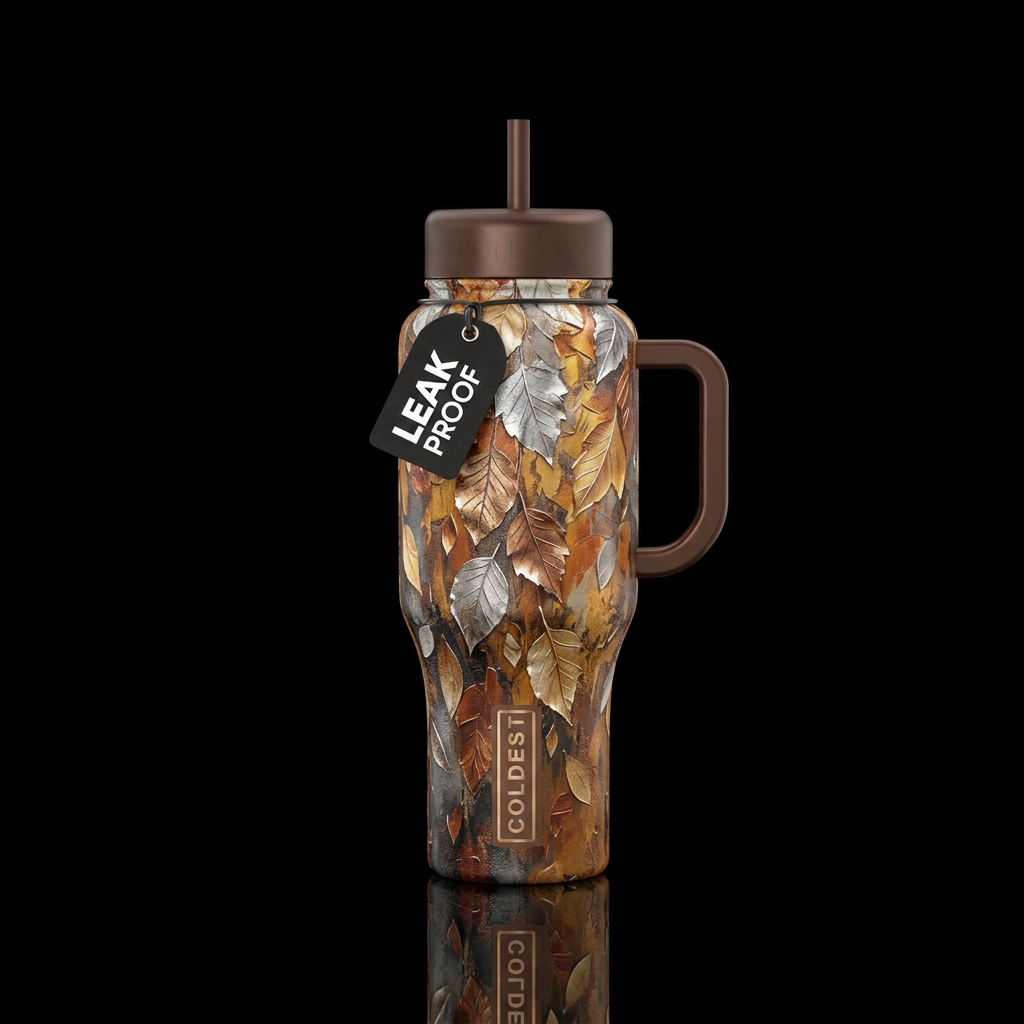 Sliver,  bronze, golden leaves falling,  abstract,... water bottle design
