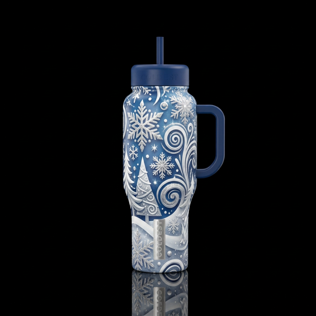 White and silver shiny,  sparkly snowflakes,  tree... water bottle design