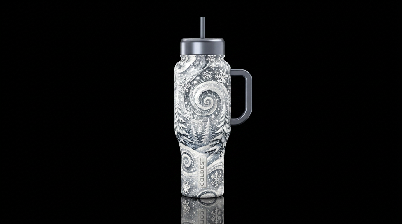 White and silver shiny,  sparkly snowflakes,  tree... water bottle design