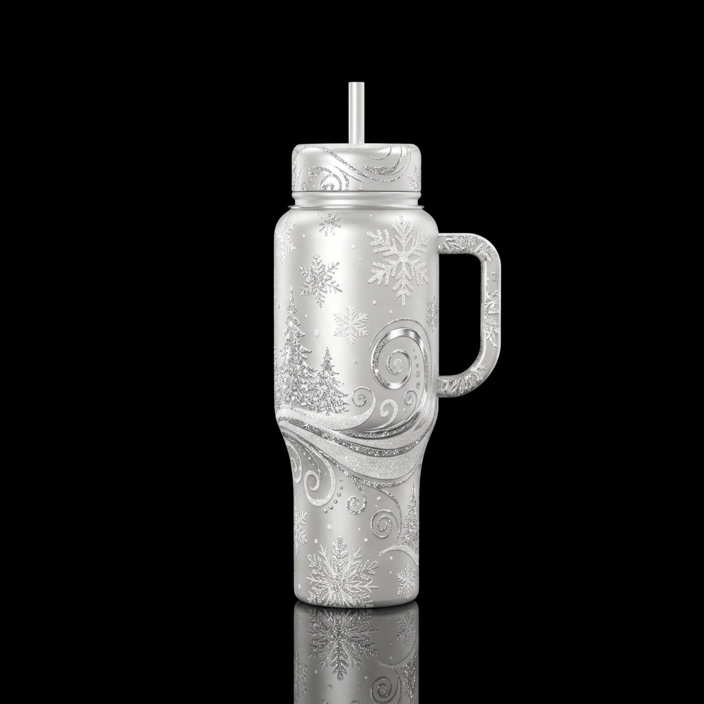 White and silver shiny,  sparkly snowflakes,  tree... water bottle design