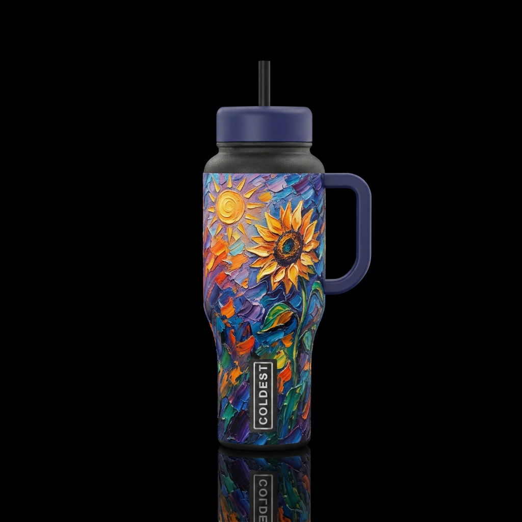 sunflower facing the sun,  texture painting,  arti... water bottle design