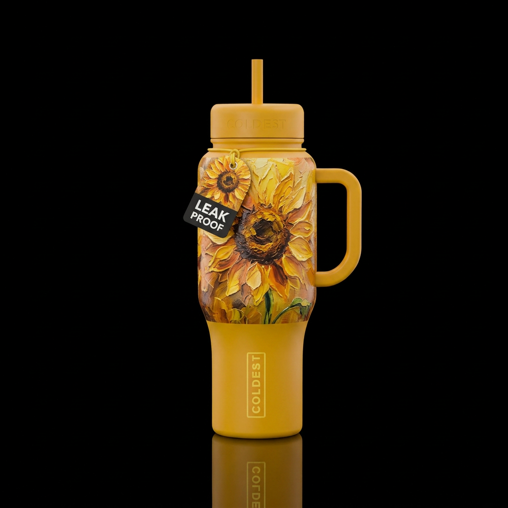 sunflower facing the sun,  texture painting,  arti... water bottle design