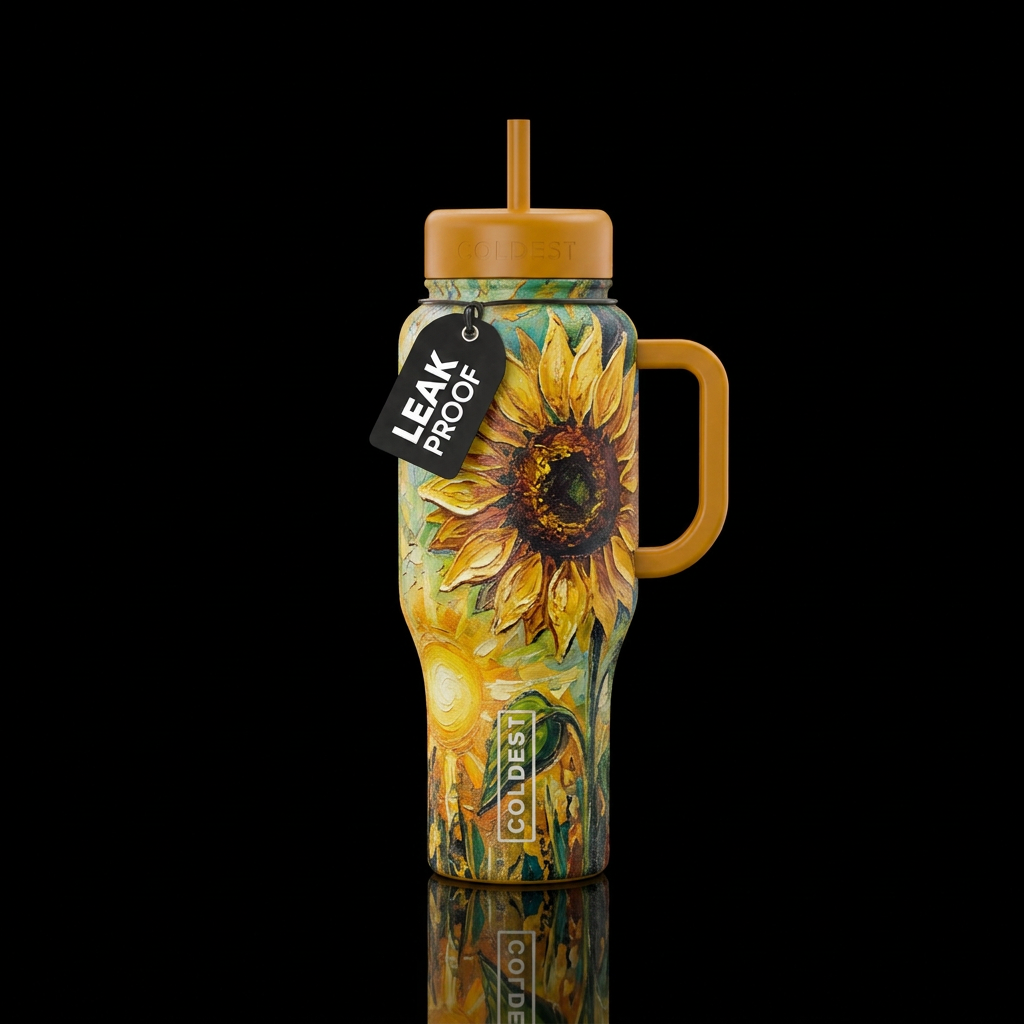 sunflower facing the sun,  texture painting,  arti... water bottle design