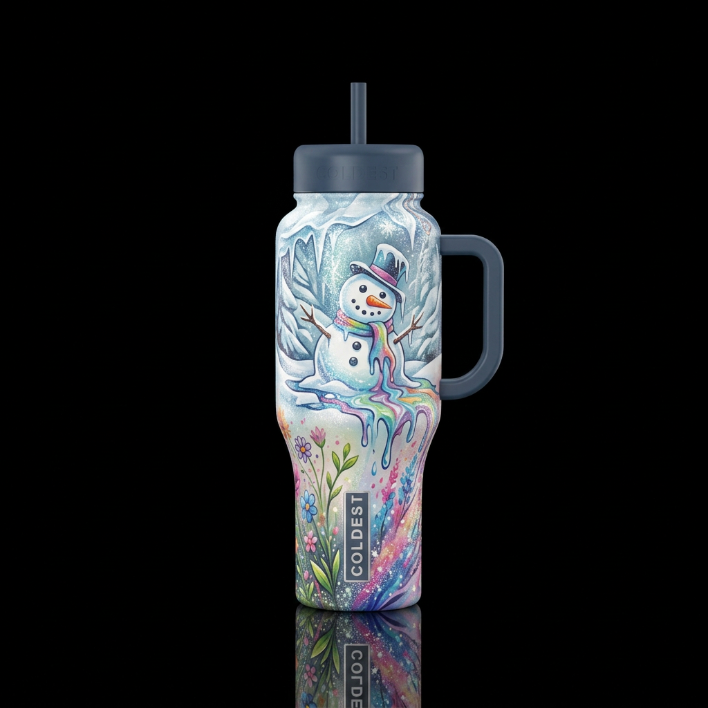 Snowman melting,  winter moving into spring,  spar... water bottle design