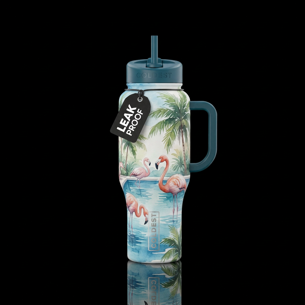 Flamingos poolside, palm trees,  artistic,  beauti... water bottle design