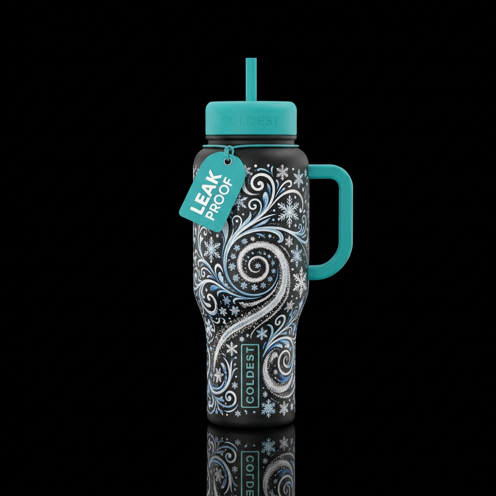 Black bottle,  little  snowflakes,  swirls,  spark... water bottle design