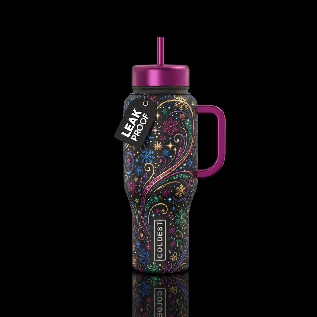 Black bottle,  little  snowflakes,  swirls,  spark... water bottle design