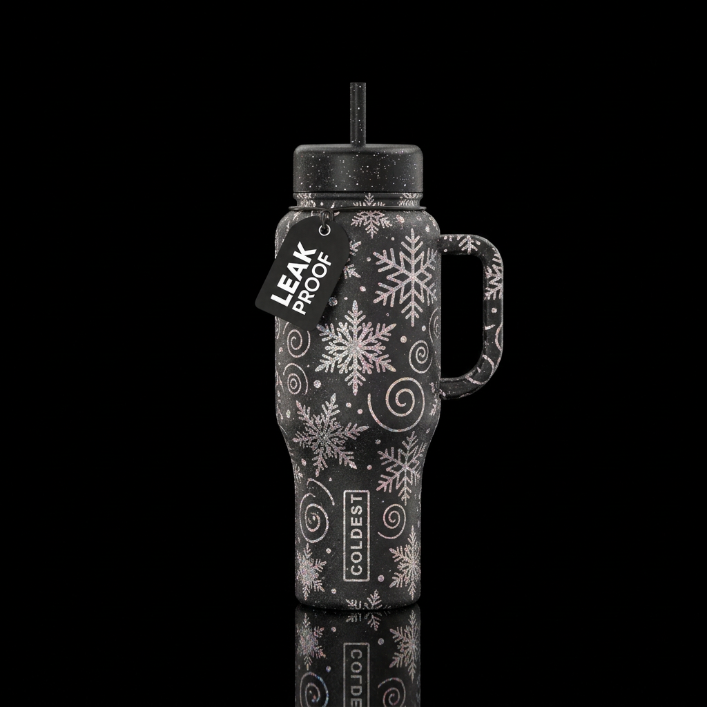 Black bottle,  little  snowflakes,  swirls,  spark... water bottle design