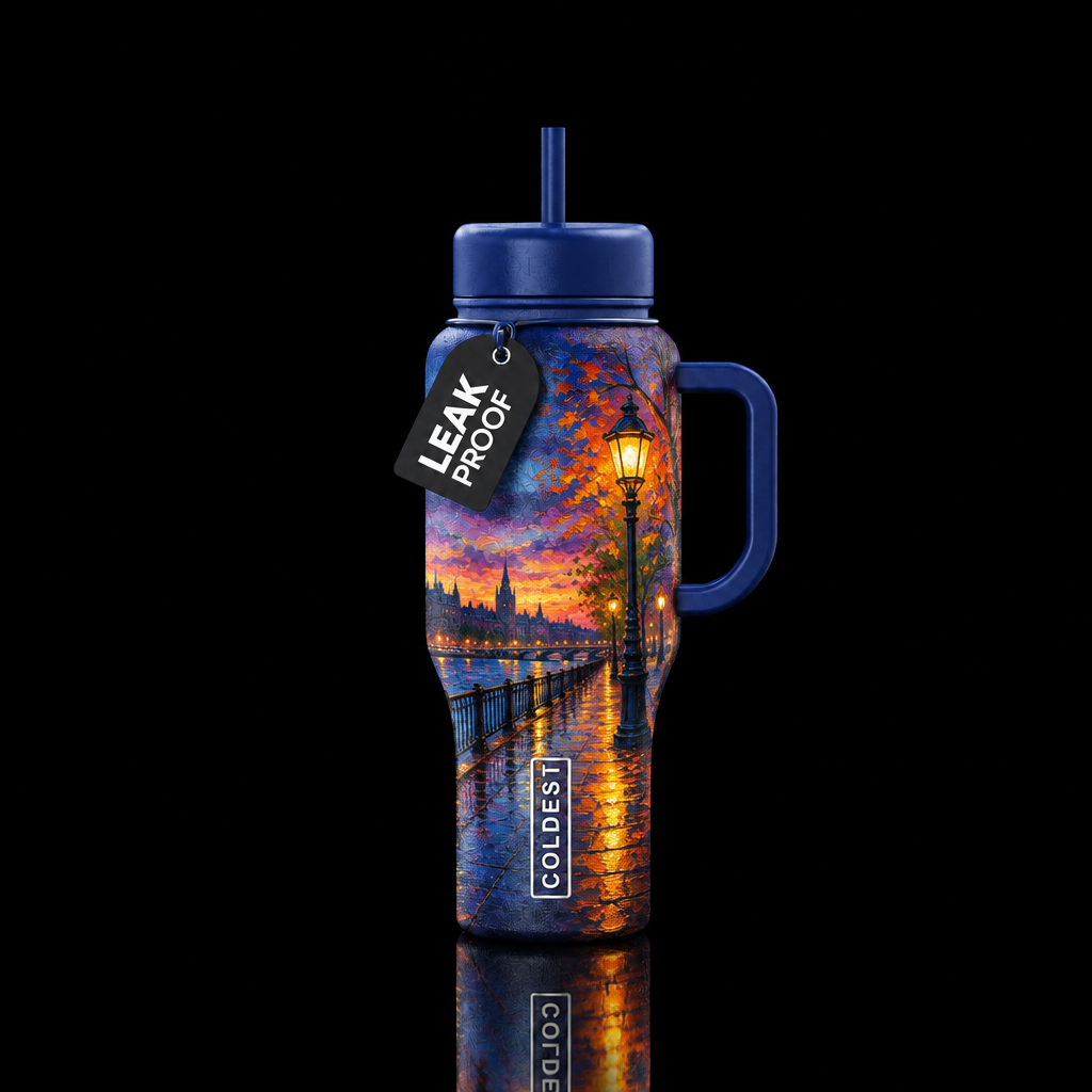 Street light,  twilight,  glowie,  oil painting water bottle design