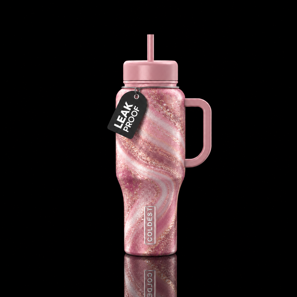dusty pink, ombre, swirls and sparkly,  spirals water bottle design