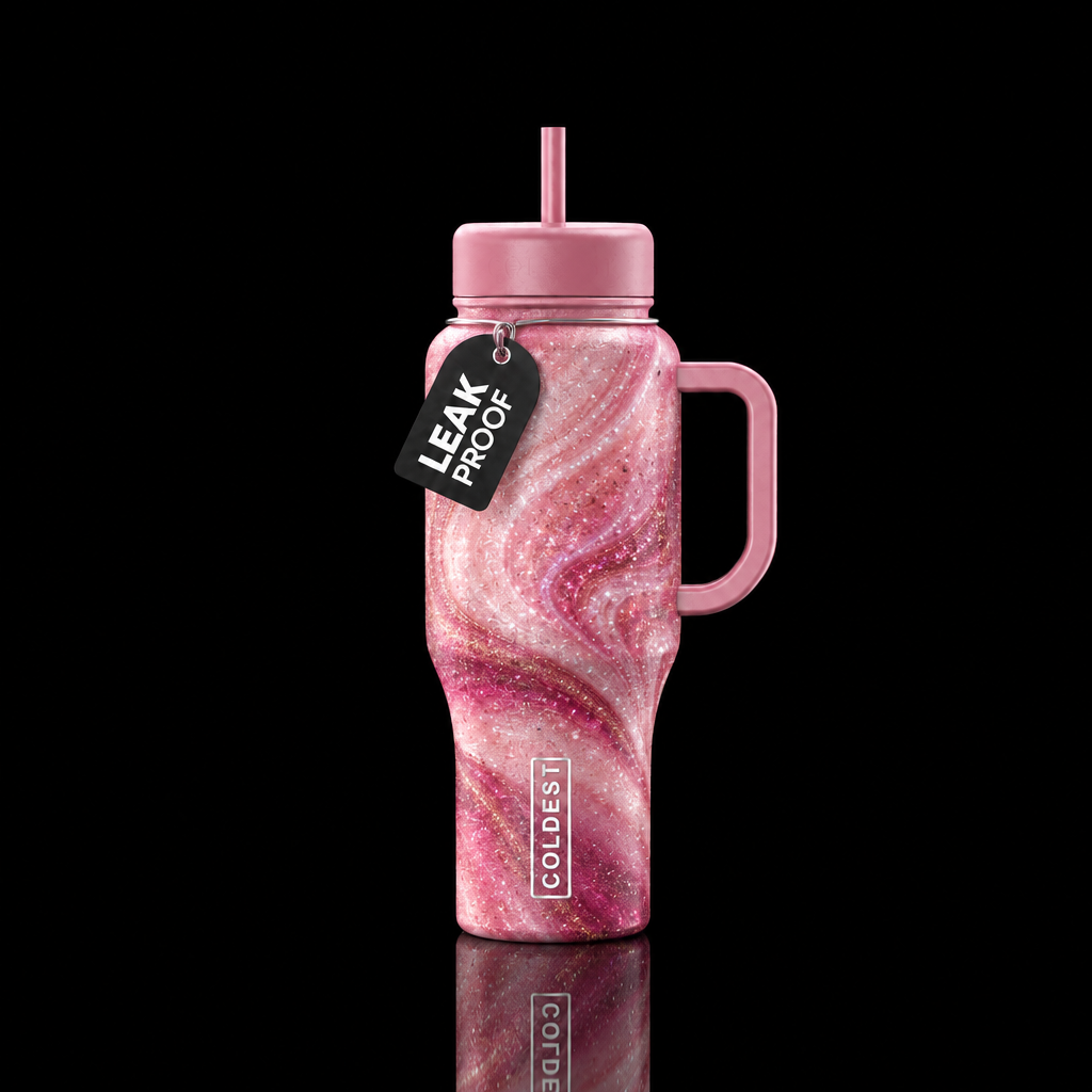 dusty pink, ombre, swirls and sparkly,  spirals water bottle design