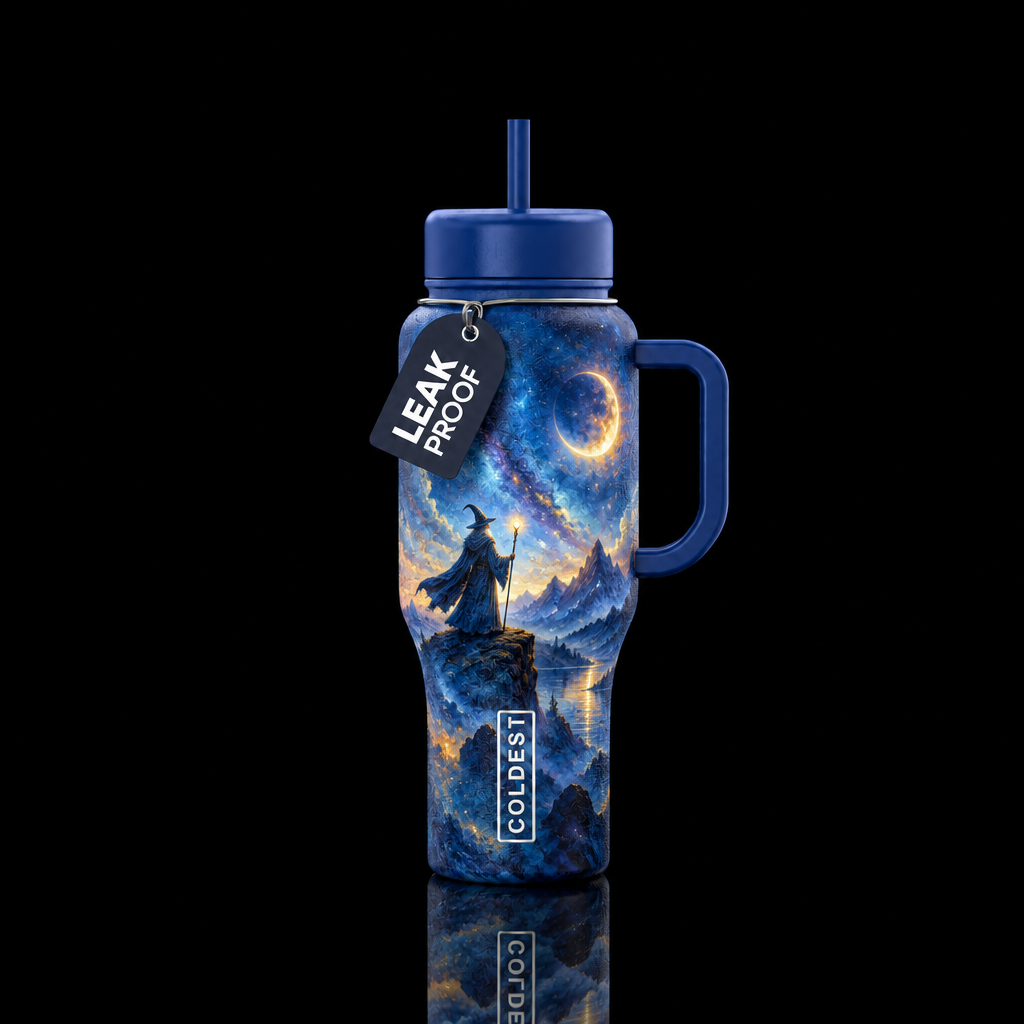 blue hour, watercolor, abstract, oil painted, glow... water bottle design
