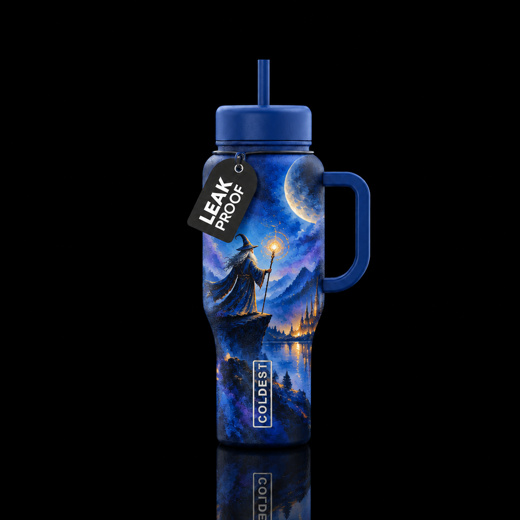 blue hour, watercolor, abstract, oil painted, glow... water bottle design