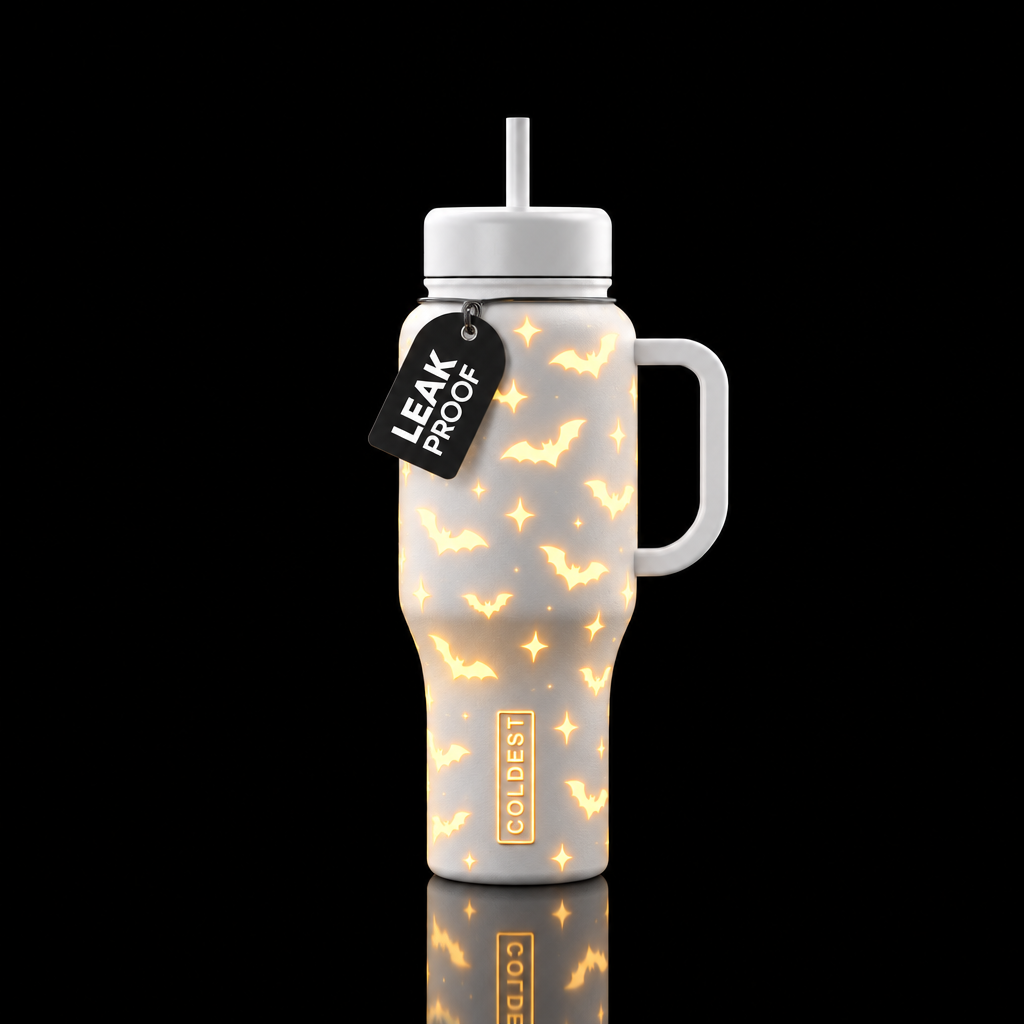 White bottle with small bats and stars glowie water bottle design