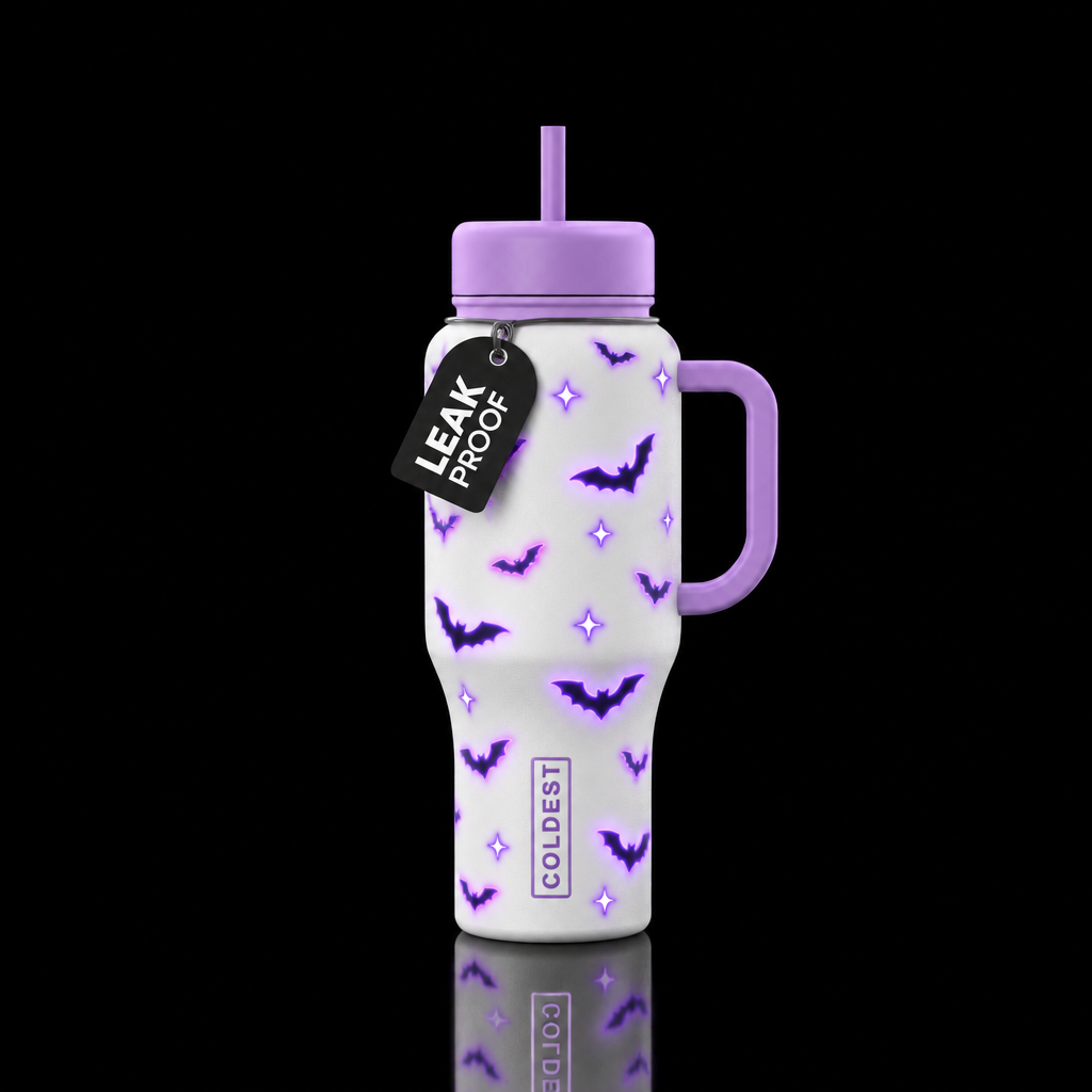 White bottle with small bats and stars glowie water bottle design