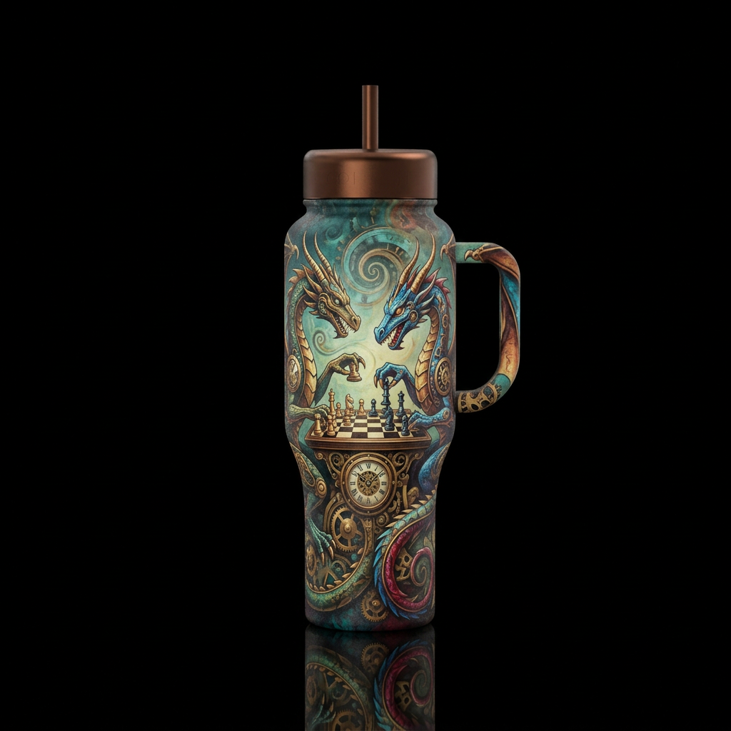 Dragons playing chess water bottle design
