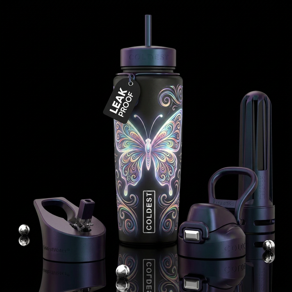 butterfly, swirls, modern, beautiul, glowie water bottle design