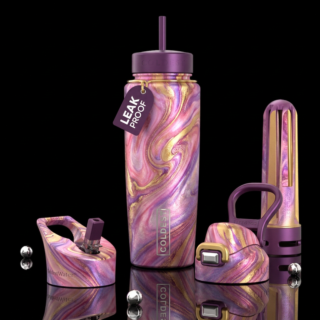 Pink, purple and gold swirls, beautiul, dreamy water bottle design