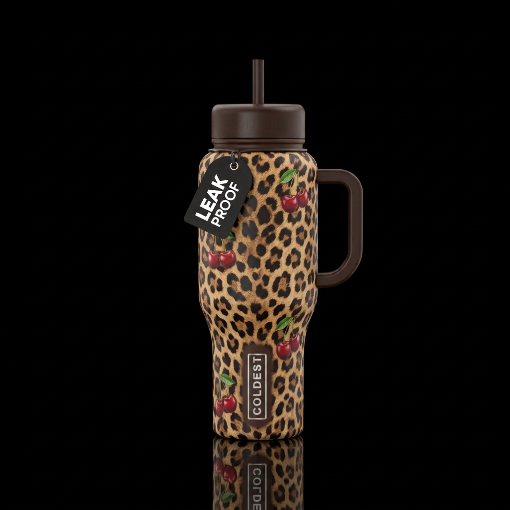 Cherry Cheetah water bottle design
