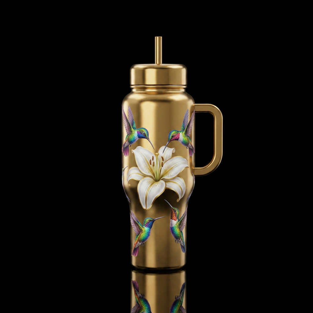Rainbow hummingbirds sipping from one large white ... water bottle design