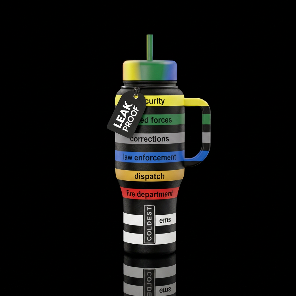 A thin line flag with yellow, green, gray, blue, g... water bottle design