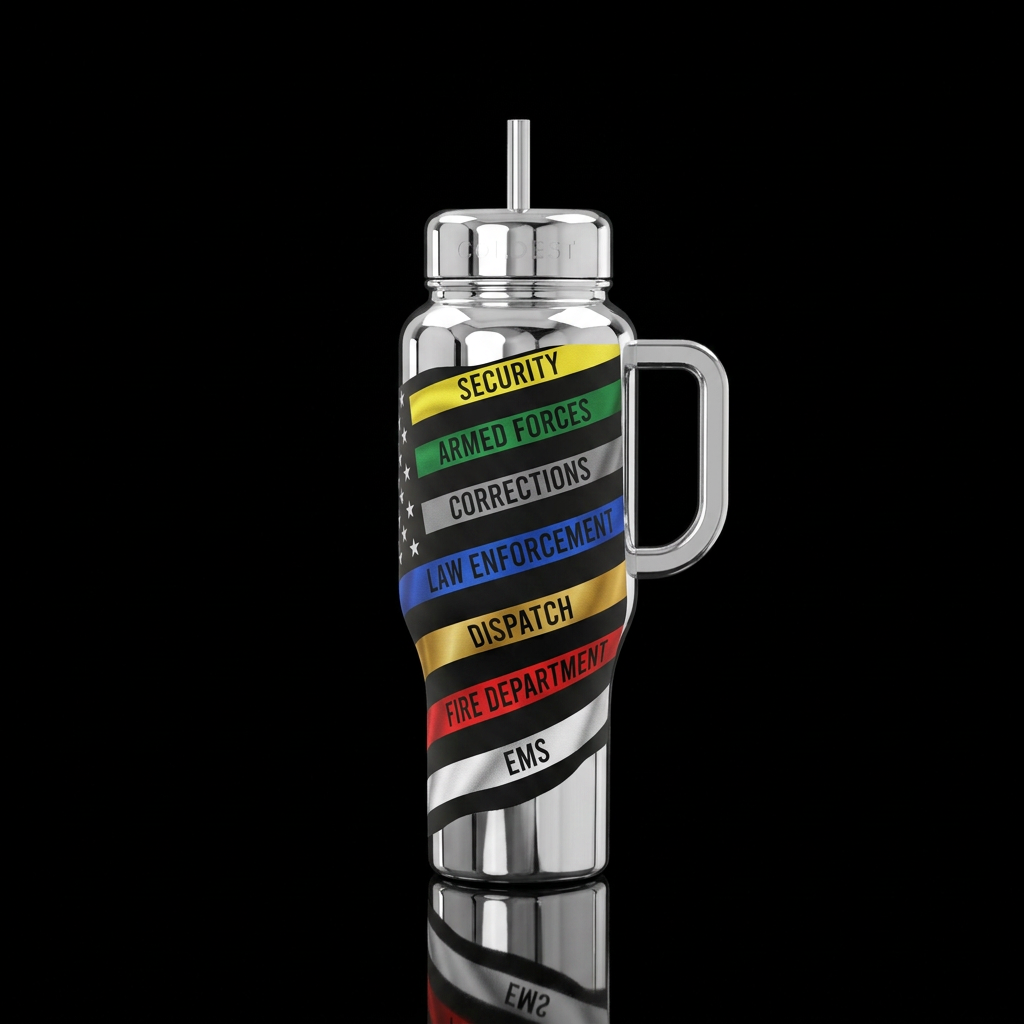 A waving thin line flag with yellow, green, gray, ... water bottle design