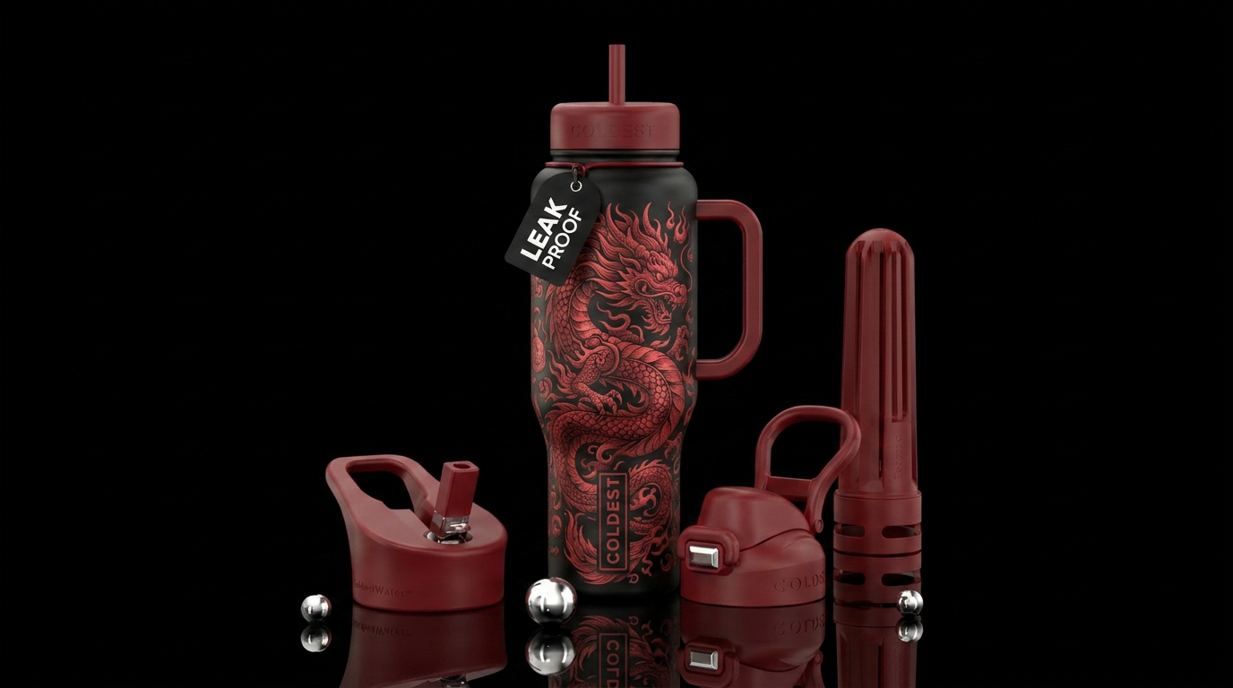 monochrome, whimsical, scarlet, dragon water bottle design