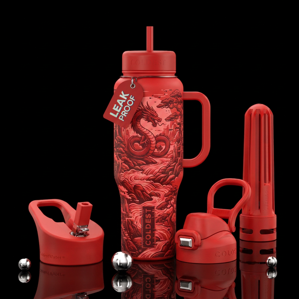 monochrome, whimsical, scarlet, dragon, romanticis... water bottle design