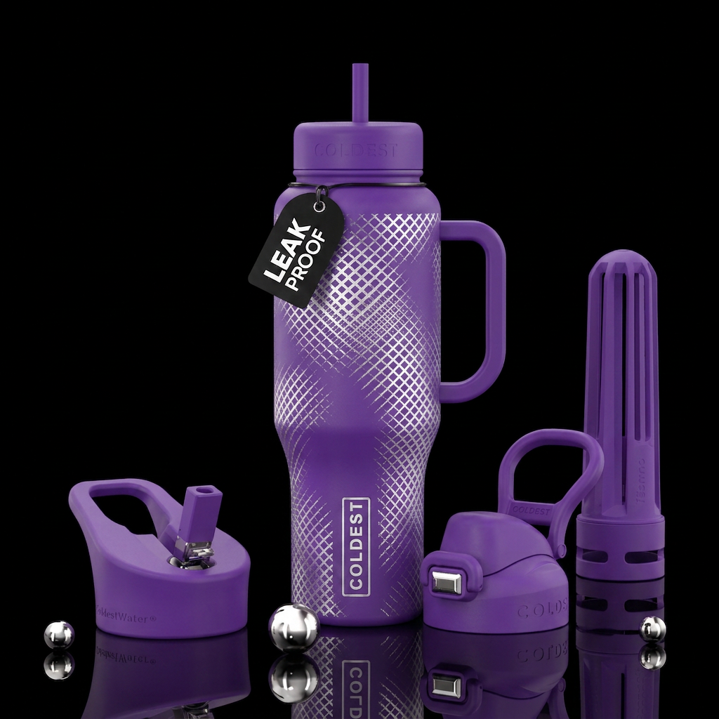 Purple bottle with white and silver trimmed fades ... water bottle design