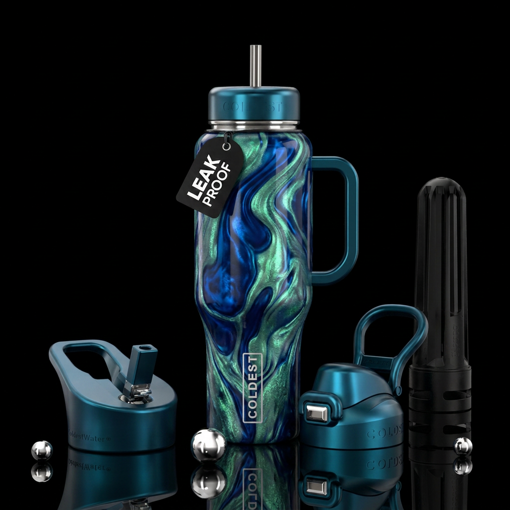 Blue blood rolling in swirls of opal metallic gree... water bottle design