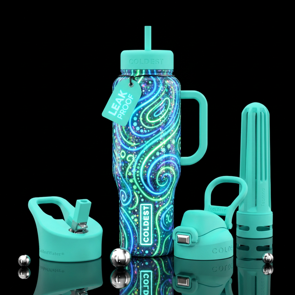 neon, psychedelic, sparkly, aqua water bottle design