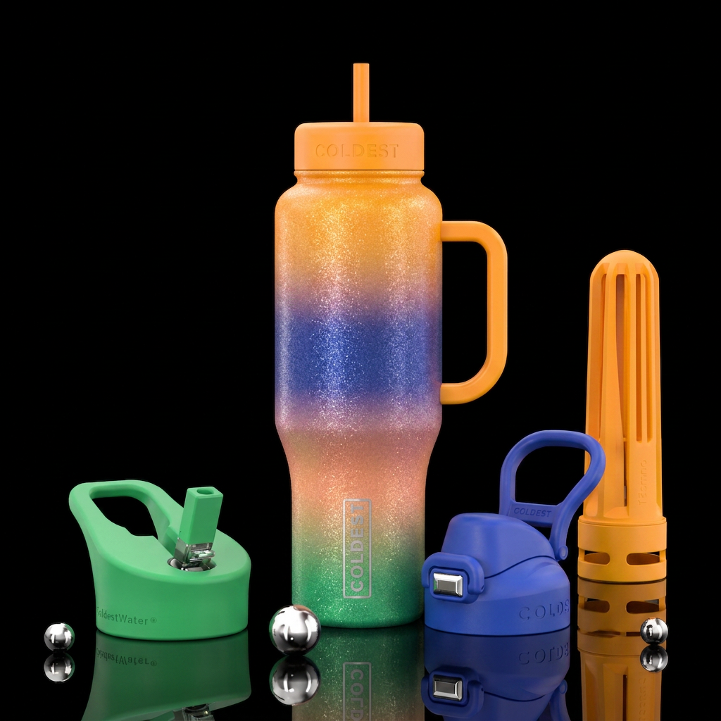 Green, glittery, ombre, peach, blueberry, mango water bottle design