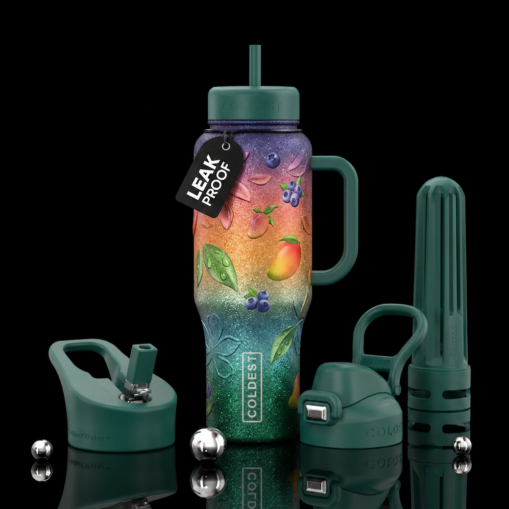 Green, glittery, ombre, peach, blueberry, mango, g... water bottle design