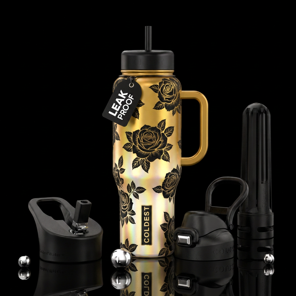 Gold opal ombre with black roses water bottle design