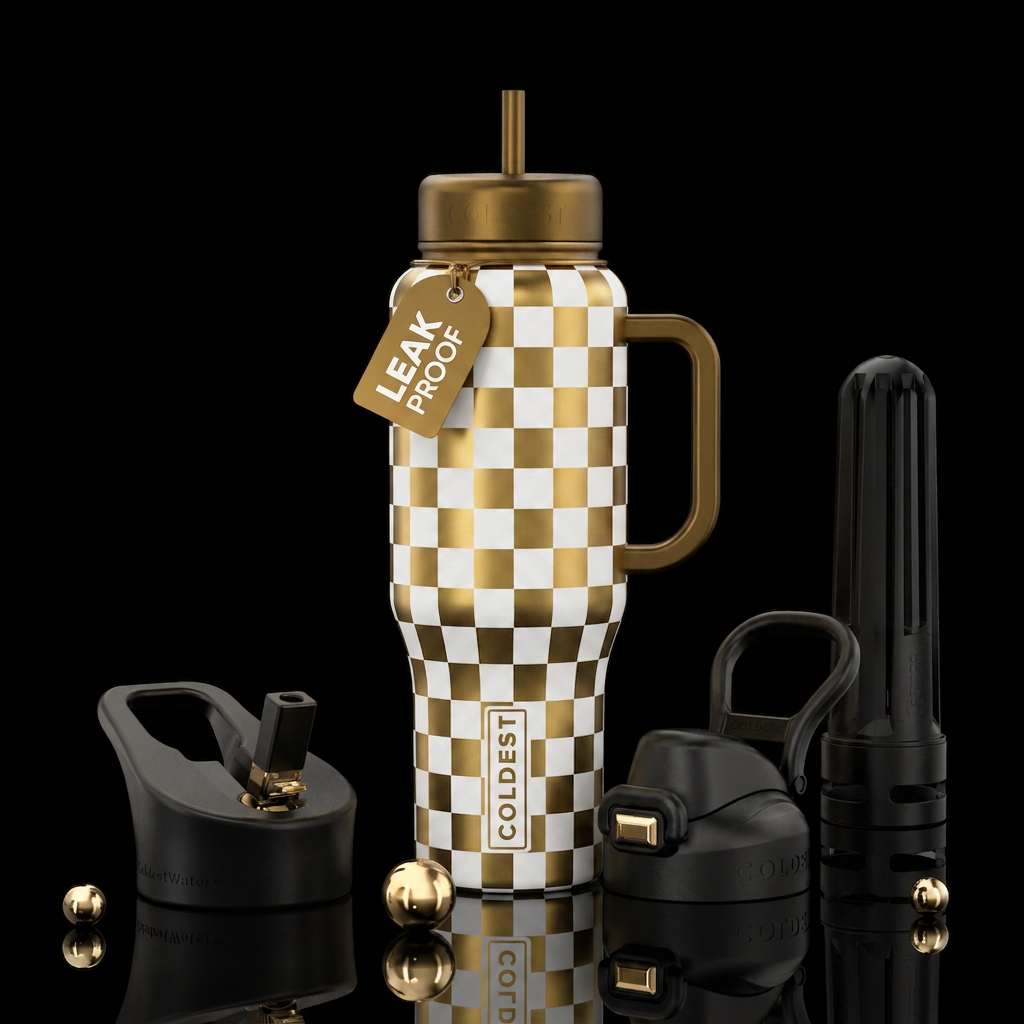 Gold and white checkers water bottle design