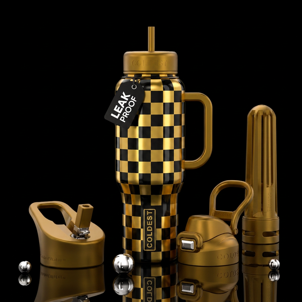 Gold and black checkers water bottle design