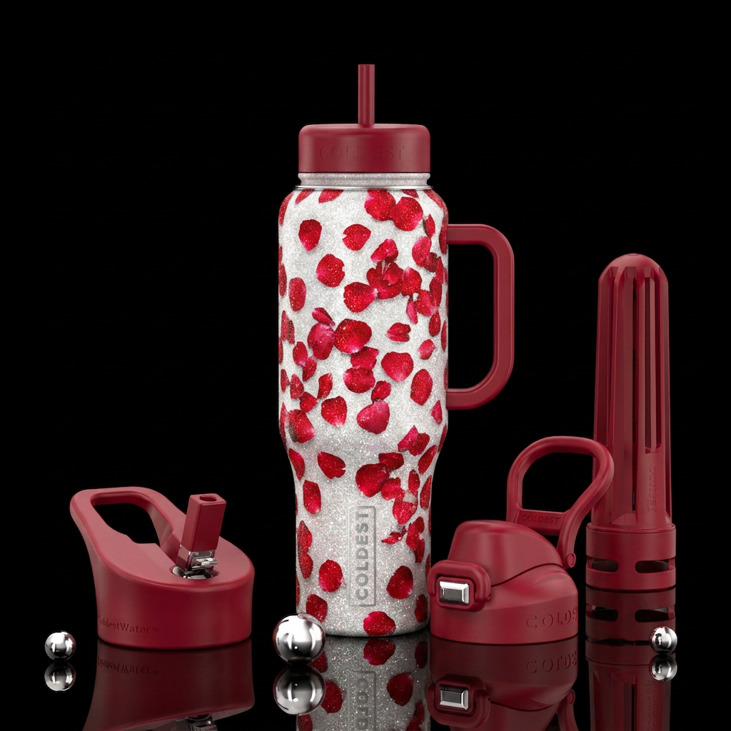 Red flower petals on a glittery white background water bottle design