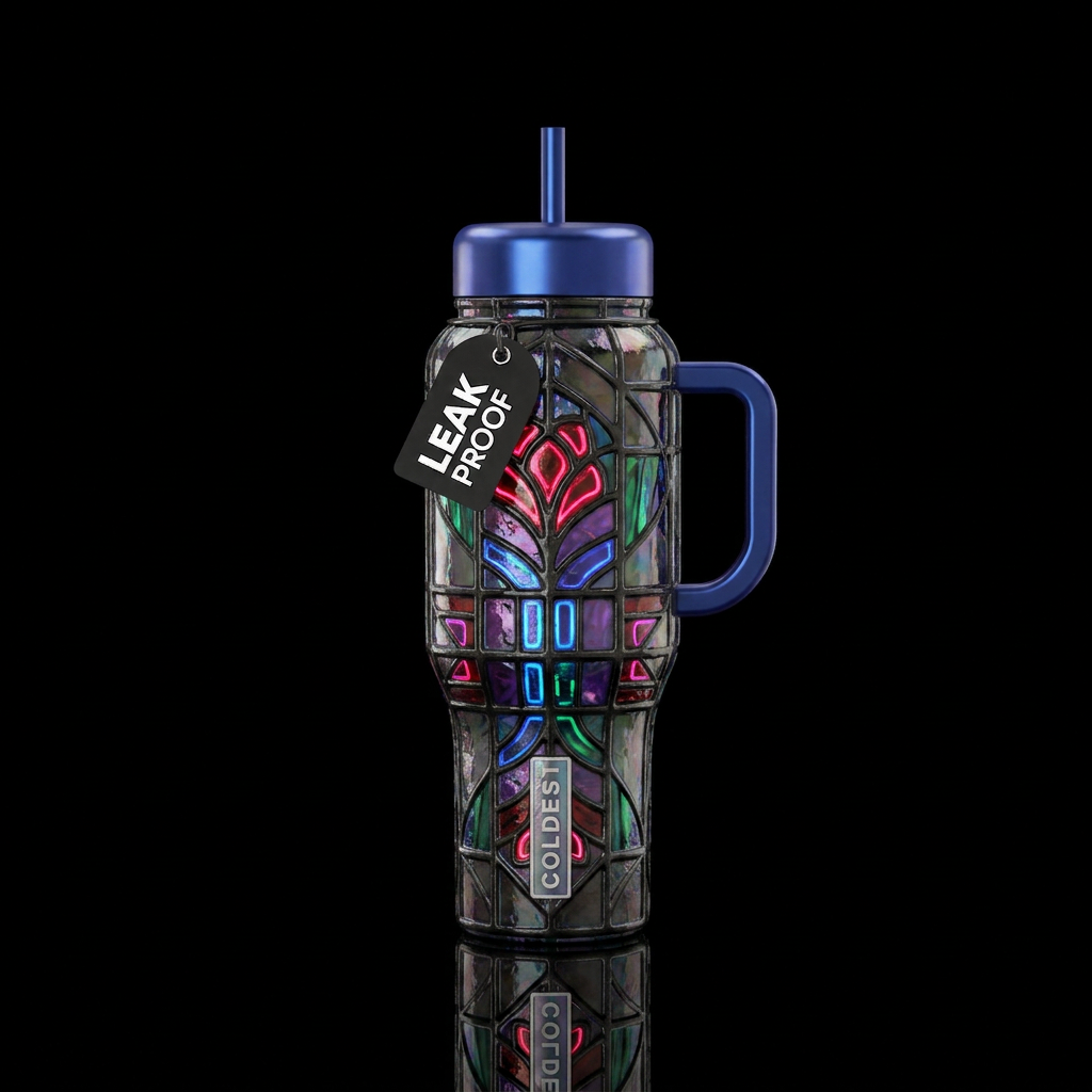 Dark, vintage, glossy, opal, stained glass, neon water bottle design
