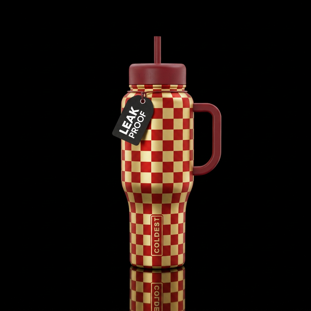 Gold and Red Checkered water bottle design